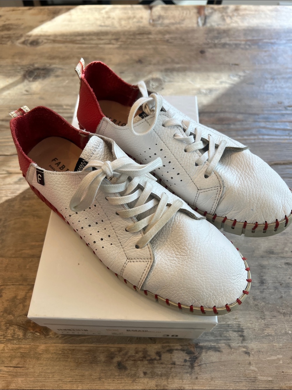 Fabiolas White and Red Leather Sneakers